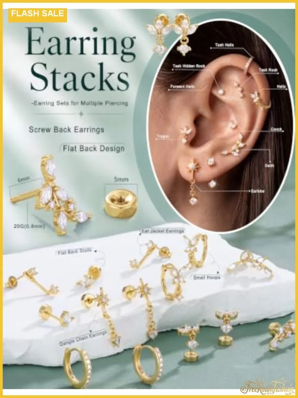 Hypoallergenic Flat Back Earrings for Women 20G Stud & Hoop Set
